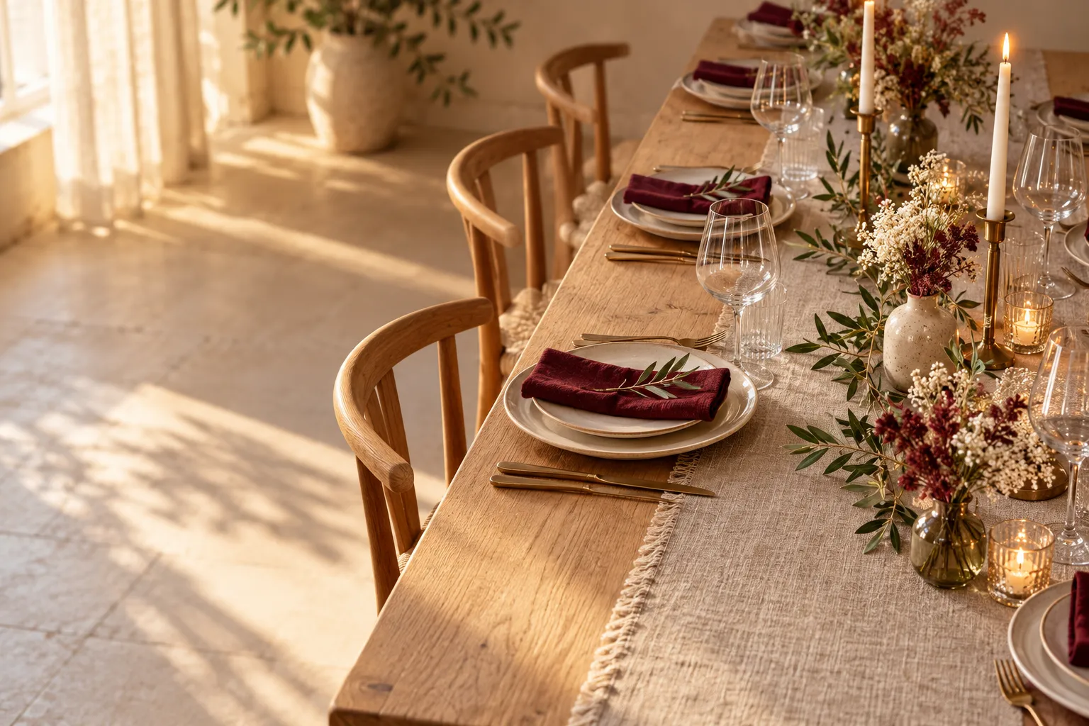 Chemin de table en lin naturel sur une table dressée avec serviettes bordeaux et bougies